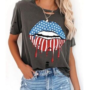 VICI Red, White, and Blue Lips Distressed Cotton Tee